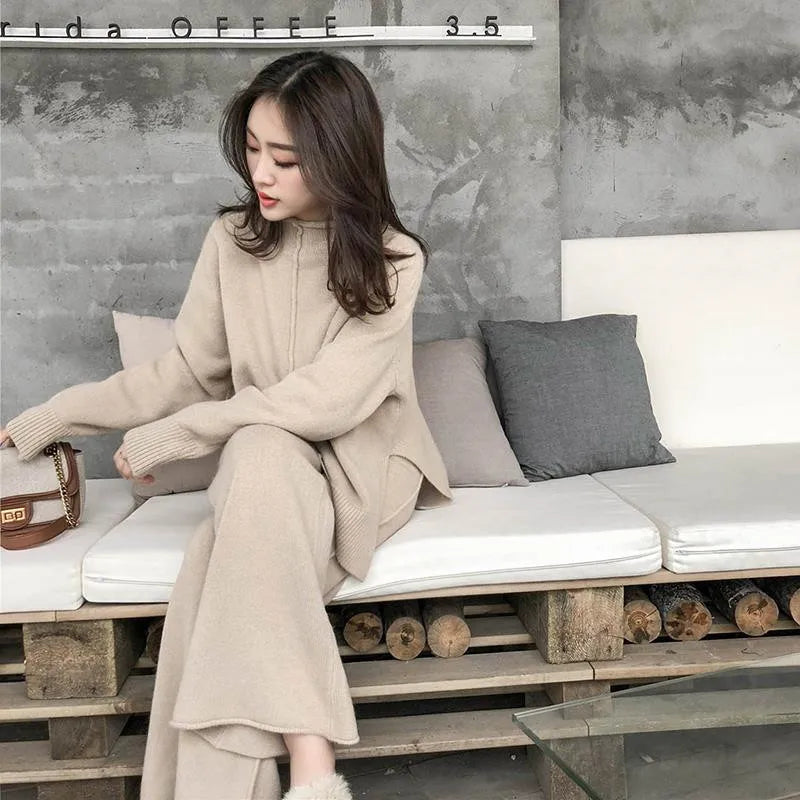 2023 Autumn Winter Thick Knitted Two Pieces Set Women Warm Half Turtleneck Pullover Sweater+Wide Leg Pants Warm Sweater Suit