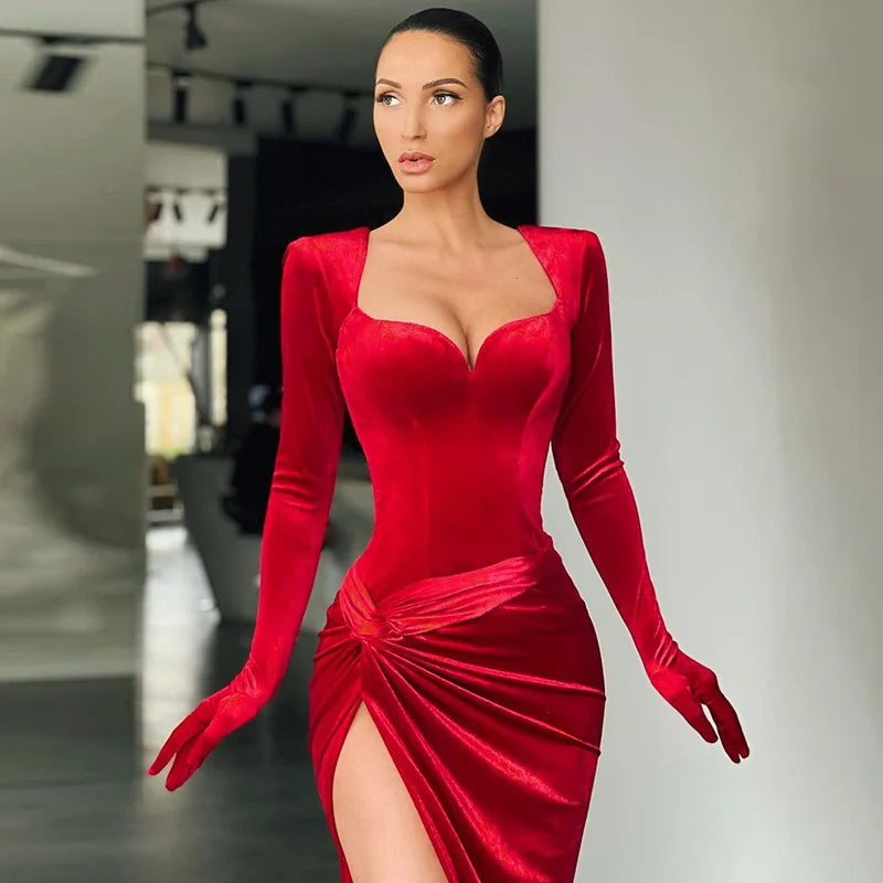 GACVGA Elegant Long Dress Evening Party Gown Outfits Women Gloves Sleeve Red Velvet Sexy Slit Maxi Dresses Bridesmaid Vestidos