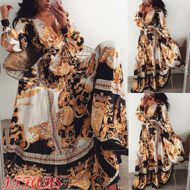 2019 femmes Floral Boho Wrap été col en V décontracté bal fête Vintage Boho Maxi robe vacances à manches longues soirée S-XL