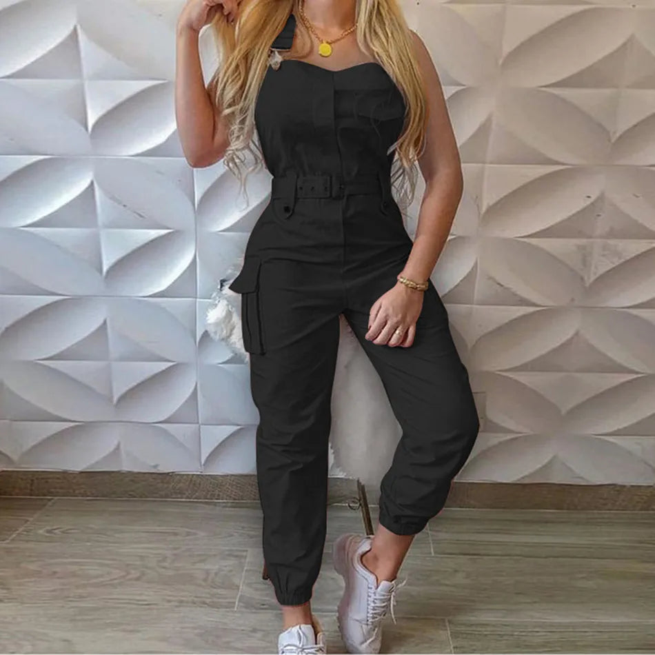 2021 New Style Women Solid Color Cargo Jumpsuit with Waistband Square Collar Sleeveless Overalls Plus Size S-XXXL