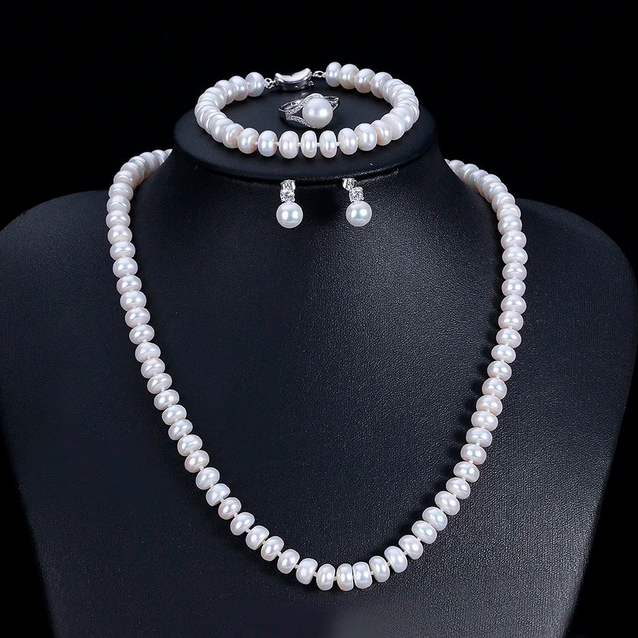 Dainashi Fashion 925 Sterling Silver Wedding Jewelry Sets For Women Real White Natural Freshwater Pearl 7-8mm Bread Round