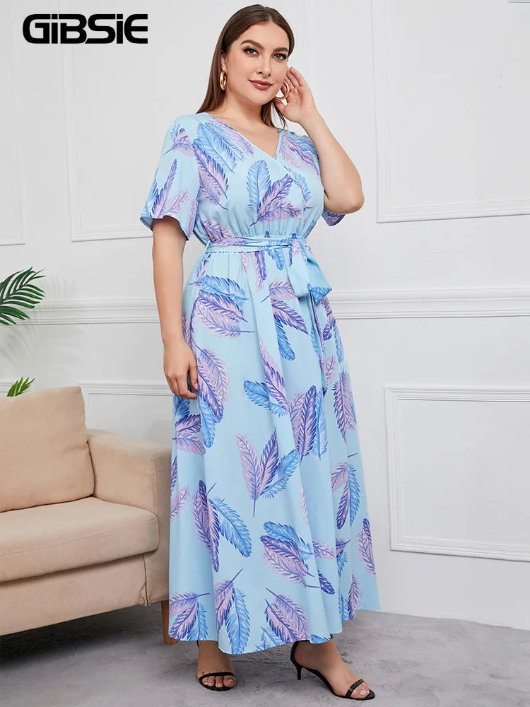 GIBSIE Plus Size V Neck Floral Print Boho Dress Women Summer Short Sleeve Maxi Dresses Holiday A-line Female Belted Dress