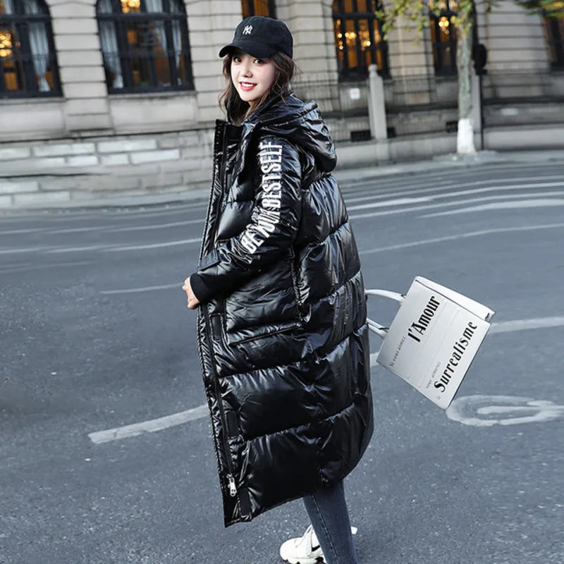 Women Winter Coat 2023 New Winter Hooded Jacket Black Long Down Cotton Jacket Loose Warm Glossy Women's Parka Snow Coat Jacket