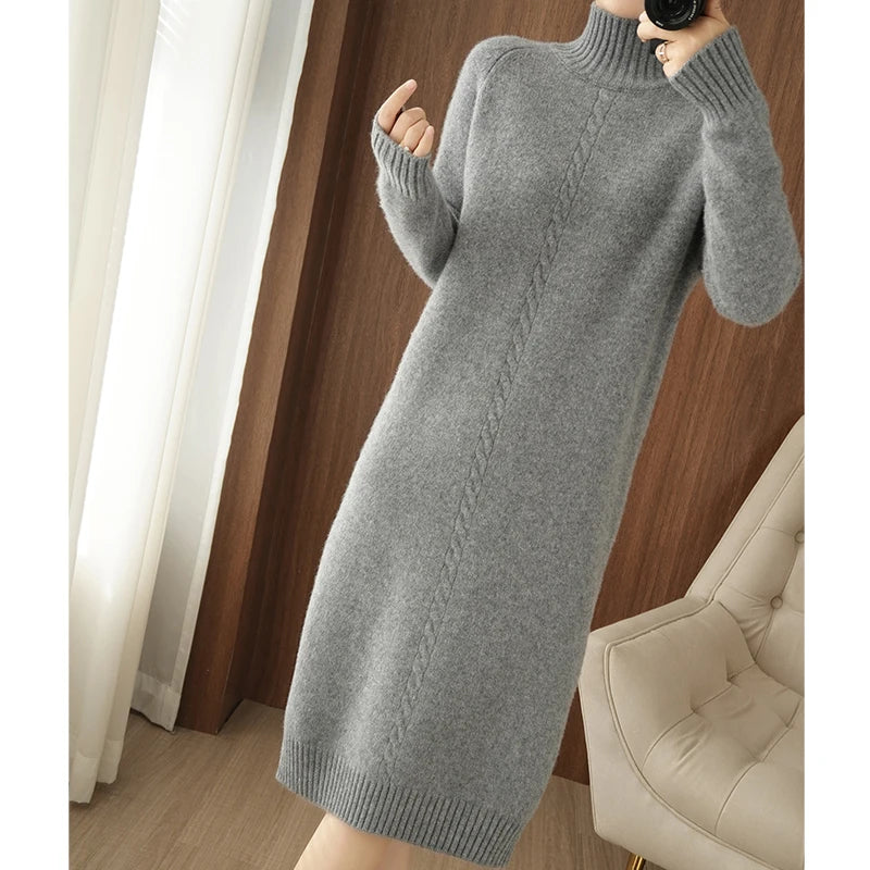 Vestido grueso de lana de 100% cálido para mujer, suéter largo, Otoño Invierno, cuello alto, Vestido de punto de Cachemira por encima de la rodilla, camisa Base de talla grande 2020