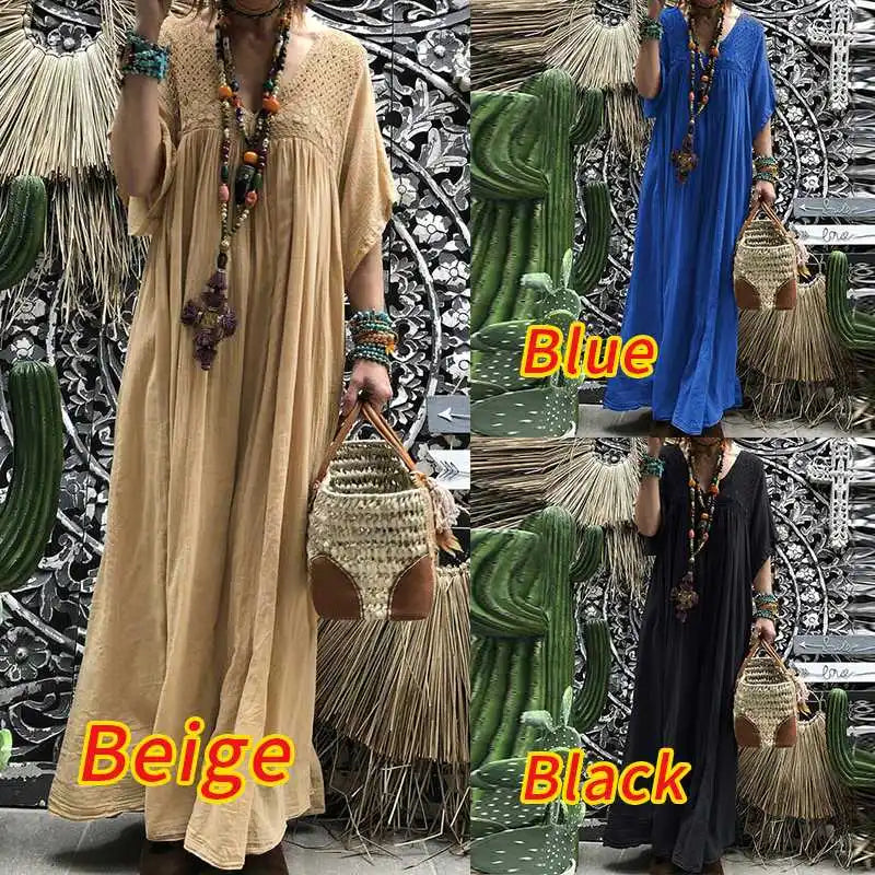 ZANZEA Maxi robe longue bohème femmes dentelle Crochet été col en V manches évasées solide robe d'été caftan fête plage robe Baggy