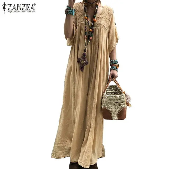 ZANZEA Maxi Vestido largo bohemio de mujer de encaje de ganchillo de verano con cuello en V manga acampanada Vestido veraniego sólido Kaftan fiesta playa Vestido holgado