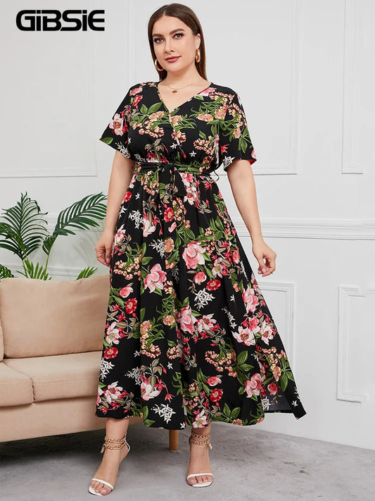 GIBSIE-vestido bohemio de talla grande con cuello de pico y estampado Floral, vestidos largos de manga corta de verano para mujer, vestido con cinturón para vacaciones