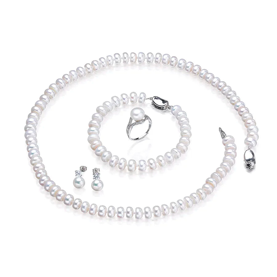 Dainashi Fashion 925 Sterling Silver Wedding Jewelry Sets For Women Real White Natural Freshwater Pearl 7-8mm Bread Round