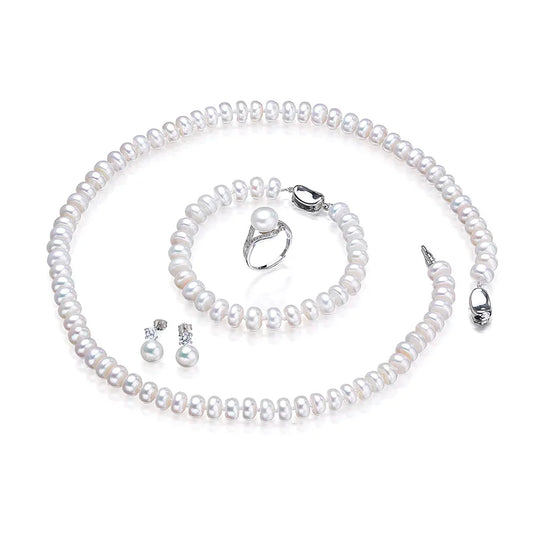 Dainashi moda 925 plata esterlina boda juegos de joyas para mujer perla de agua dulce Natural blanca Real 7-8mm pan redondo