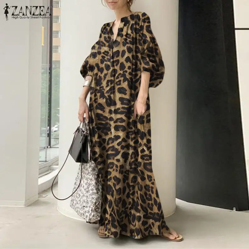 Mode imprimé Robe Maxi femmes léopard Robe d'été 2023 ZANZEA printemps manches bouffantes longues robes femme col en V Robe surdimensionnée