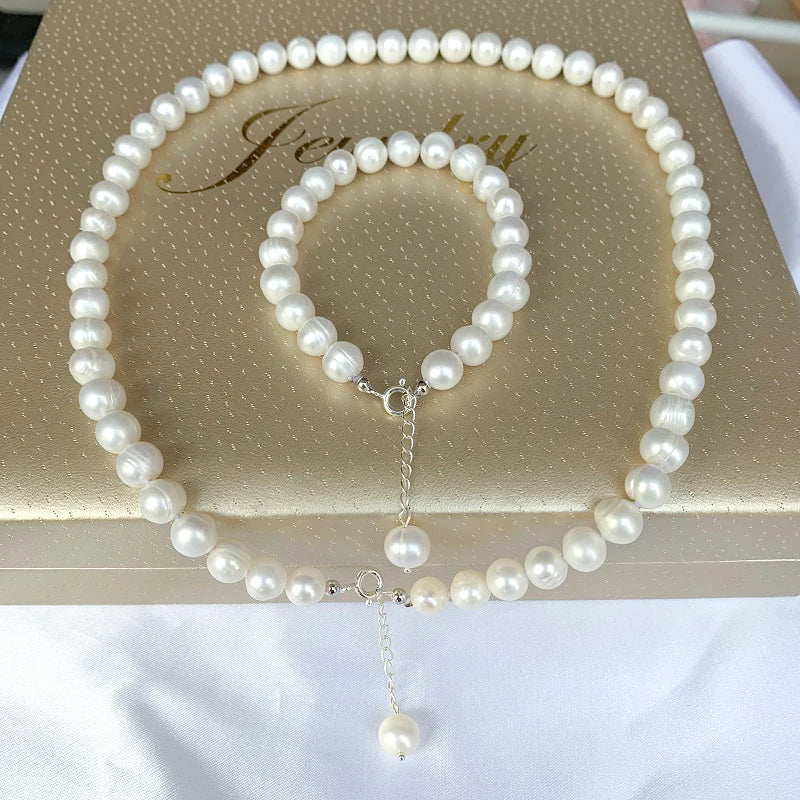 100% S925 Silver Pearl Jewelry Sets Natural Freshwater Pearl Bracelet Necklaces For Women Fashion wedding anniversary Gift