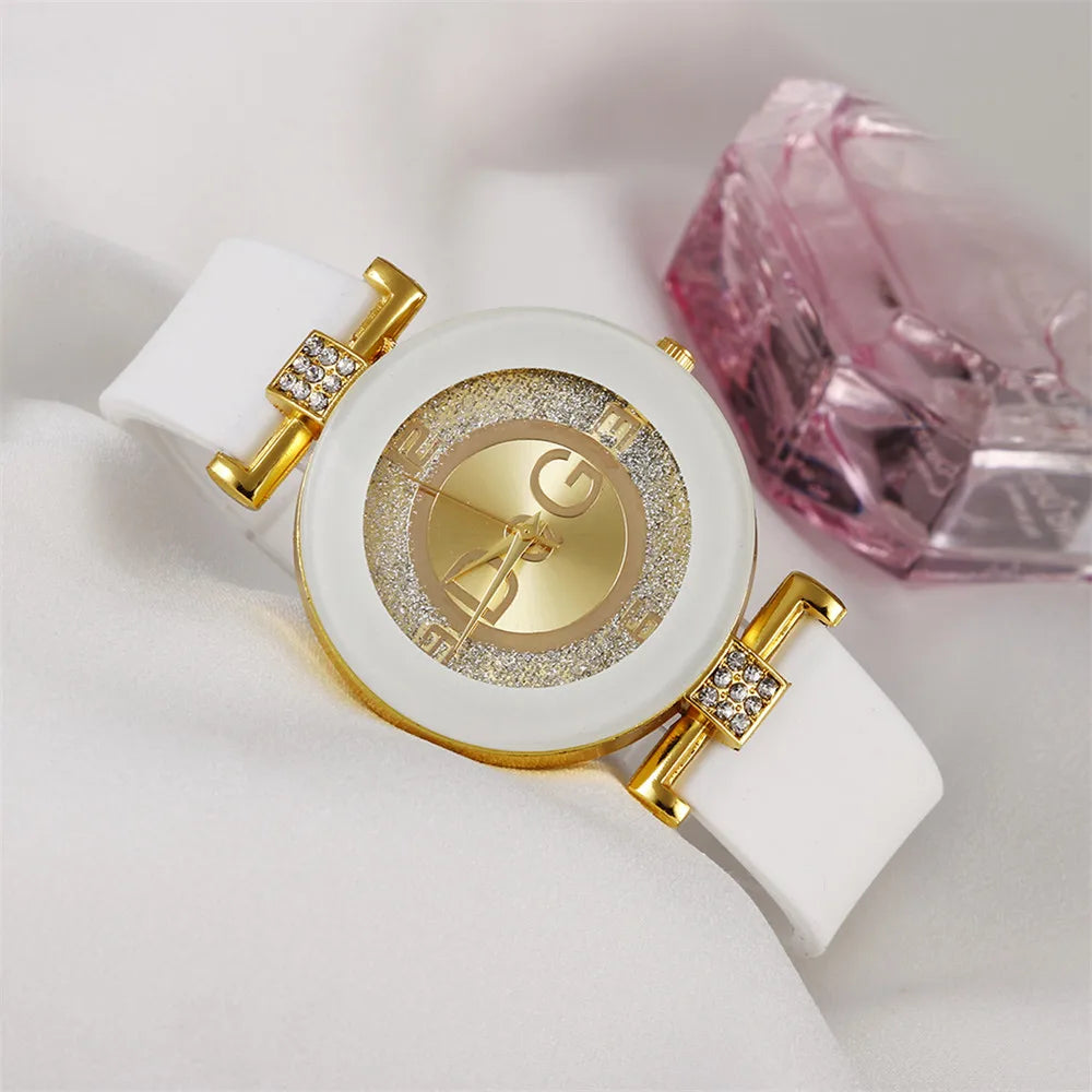 Relojes de cuarzo para mujer, correa de silicona, diseño sencillo de diamantes de imitación, reloj de pulsera informal para mujer, marca de lujo a la moda, negro DQG