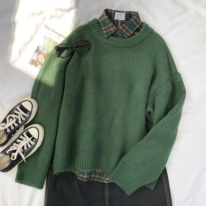 Vintage Y2K Oversized Green Sweater Crewneck Chunky Fuzzy Warm Cute Pullovers Autumn Winter Jumper