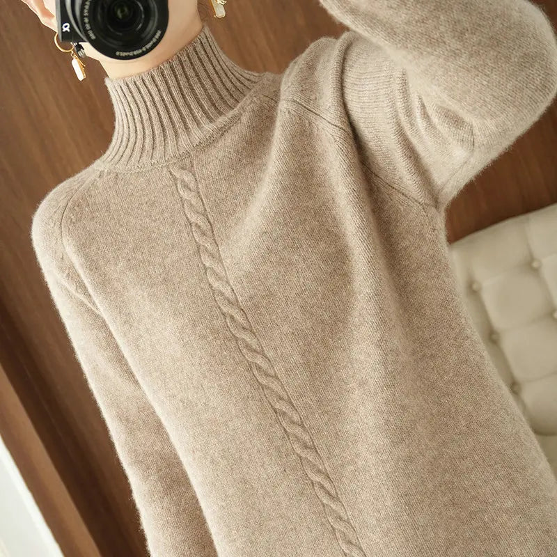 2020Thick Dress Warm 100%Wool Long Sweater Women Autumn Winter High-Neck Over-The-Knee Cashmere Knit Dress Large Size Base Shirt