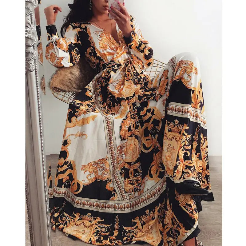 2019 Women Floral Boho Wrap Summer V Neck Casual Prom Party Vintage Boho Maxi Dress Holiday Long Sleeve Evening Party S-XL