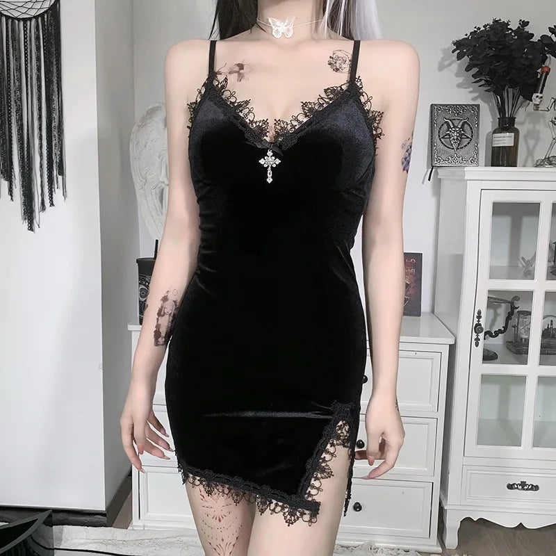 Minivestido negro cruzado oscuro, vestido Vintage Sexy con tirantes finos y abertura en la cintura, vestido gótico para fiesta y discoteca para mujer