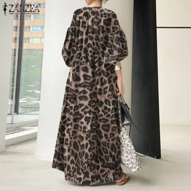 Mode imprimé Robe Maxi femmes léopard Robe d'été 2023 ZANZEA printemps manches bouffantes longues robes femme col en V Robe surdimensionnée