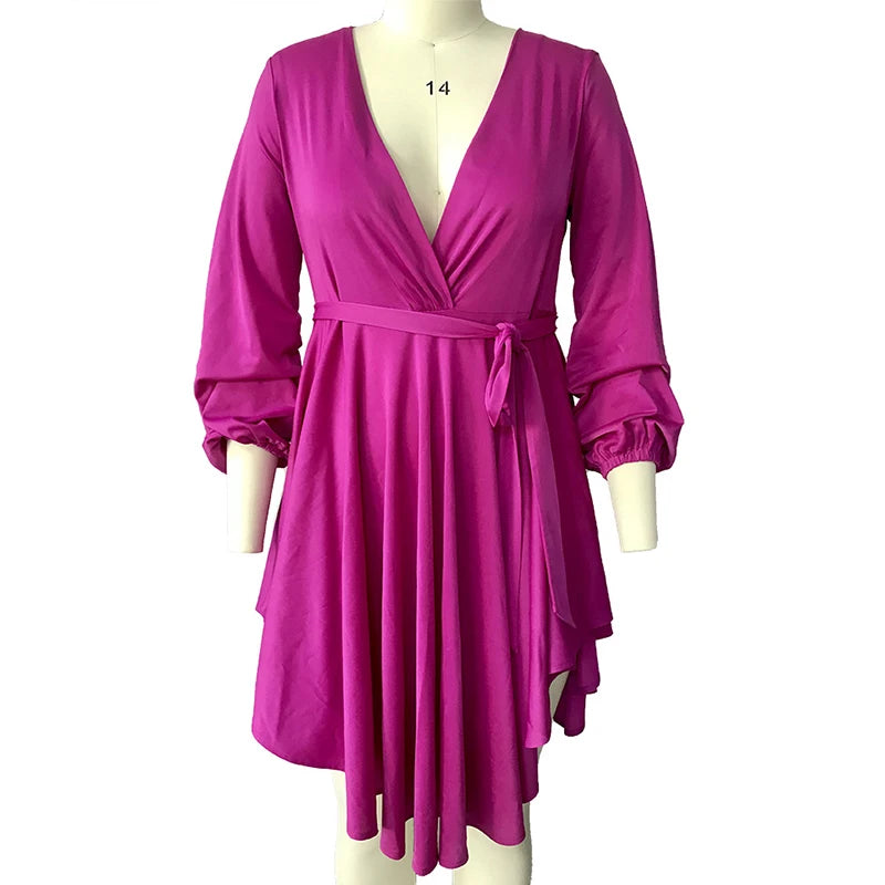 Mini robe irrégulière à manches longues pour femmes, élégante, avec lacets, taille haute, grande taille, chemise, vente en gros, livraison directe