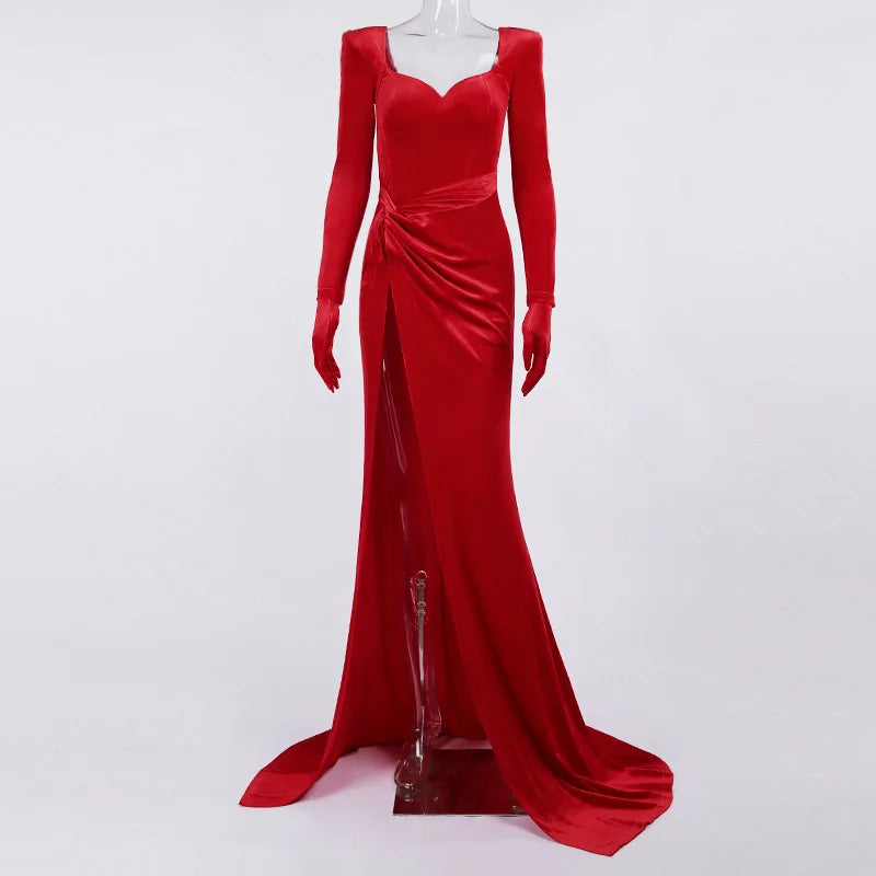 GACVGA Elegant Long Dress Evening Party Gown Outfits Women Gloves Sleeve Red Velvet Sexy Slit Maxi Dresses Bridesmaid Vestidos