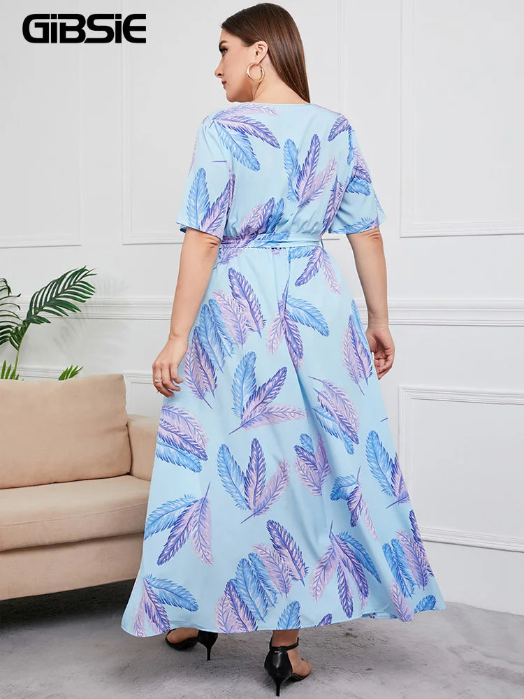 GIBSIE Plus Size V Neck Floral Print Boho Dress Women Summer Short Sleeve Maxi Dresses Holiday A-line Female Belted Dress