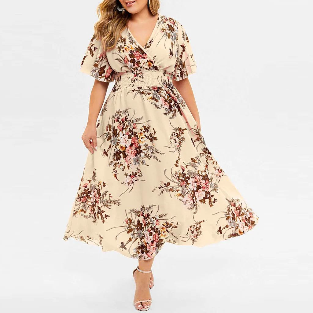 Summer Plus Size Bohemian Long Dress Women Casual Floral Printed V-neck Short Sleeve Casual Floral Beach Party Dress Vestidos