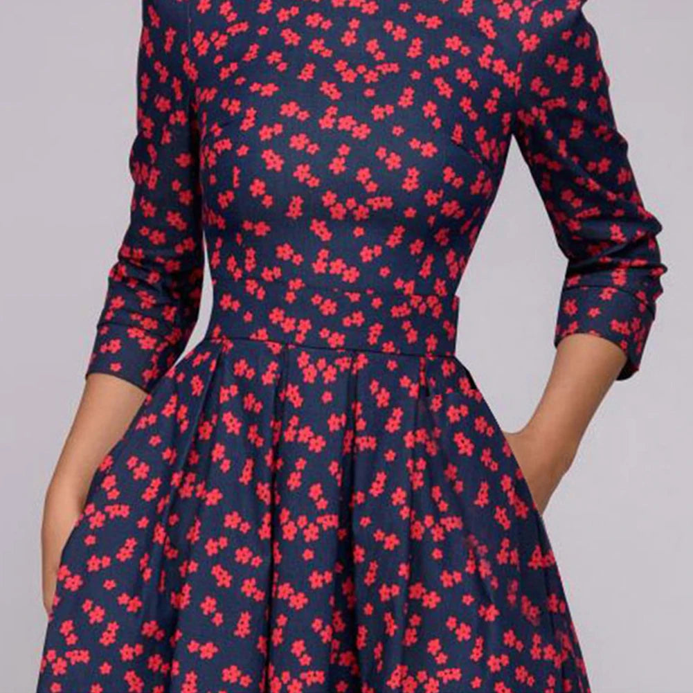 Fashion Women Dress Elegant Fashion Floral Print 3/4 Sleeve Round Neck A-line Slim Fit Ruched Prom Evening Party Dress Plus Size