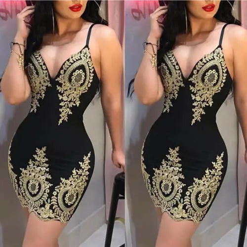 Femmes pansement moulante col en v sans manches broderie Sexy arrivée robe soirée Club courte Mini robe