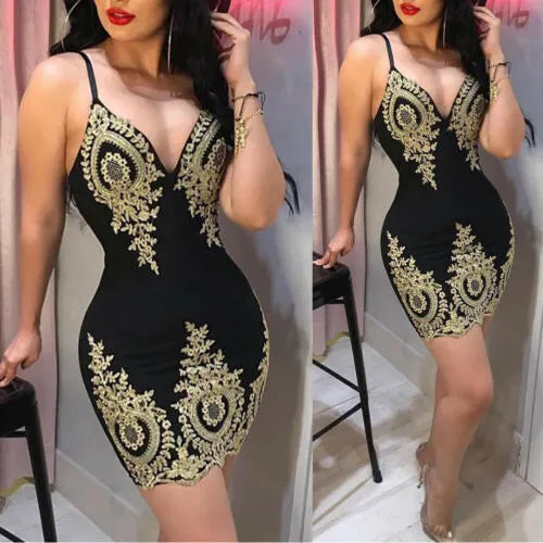 Femmes pansement moulante col en v sans manches broderie Sexy arrivée robe soirée Club courte Mini robe