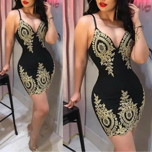 Femmes pansement moulante col en v sans manches broderie Sexy arrivée robe soirée Club courte Mini robe