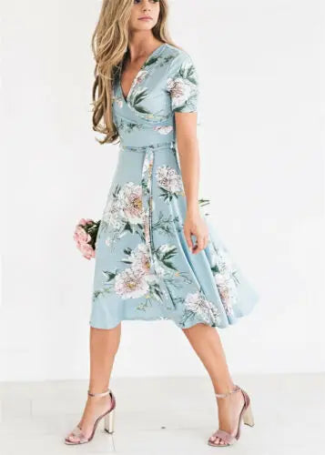 Women Summer Casual Chiffon Dress Boho Midi Flowers Printed Short Sleeve V-neck Dress Evening Party/Beach Dress/Floral Sundress