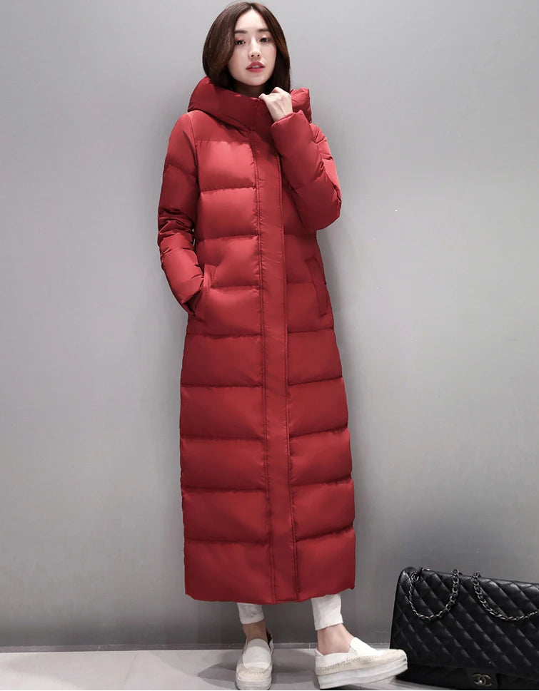 Doudoune super longue pour femme, manteau épais, bouffant, noir, rouge, fermeture éclair à capuche, garde au chaud, hiver