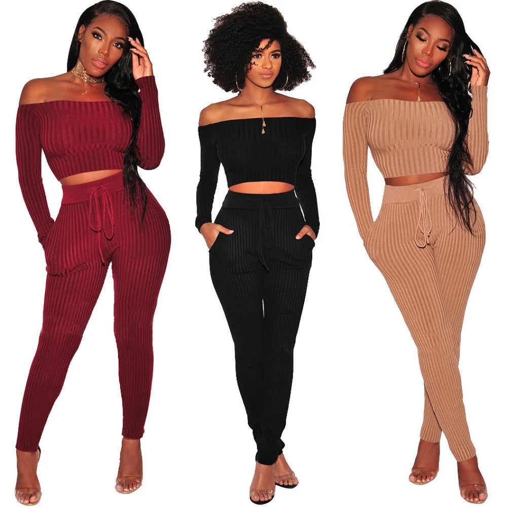 Ensemble deux pièces pour femmes, haut court tube Sexy, pantalon tricoté, grande taille, vêtements collants