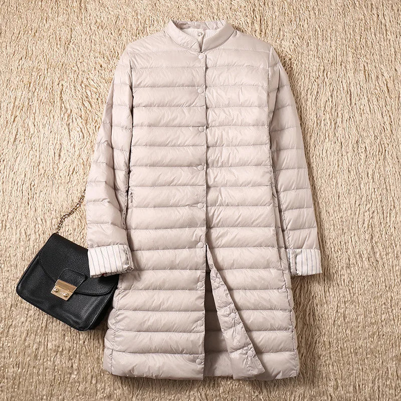 2022 Women Single-breasted Midi Long Coat Autumn Winter Ultra Light Down Coat Parka Female White Duck Down Jacket Outwears SE593