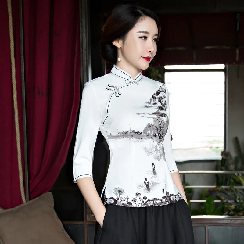 2018 mode style chinois chemise femmes col Mandarin Blouse dame vêtements cheongsam été courte Qipao robe taille S-XXXL