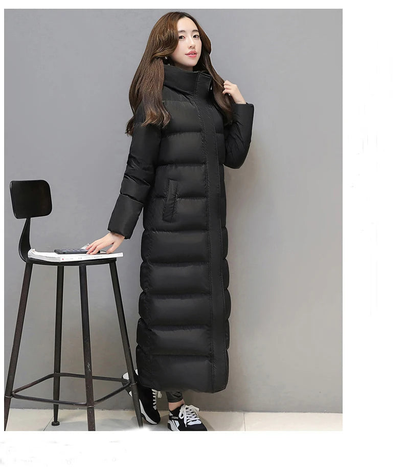 Women's super long down jacket winter puffer Thick coat Black Red Hooded zipper Keep warm