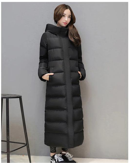 Women's super long down jacket winter puffer Thick coat Black Red Hooded zipper Keep warm