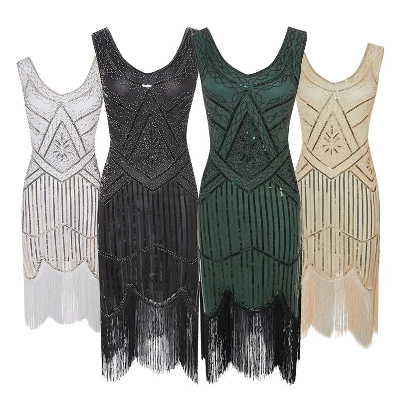 Femmes robe de soirée 1920 s Great Gatsby clapet robes paillettes perle frange robe soirée col en V embelli frangé sans manches