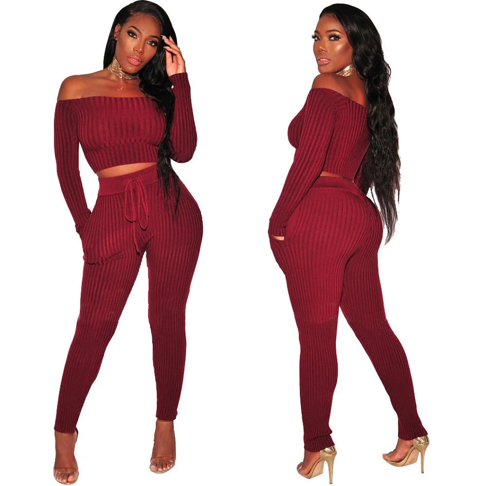 Ensemble deux pièces pour femmes, haut court tube Sexy, pantalon tricoté, grande taille, vêtements collants