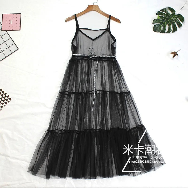 Women Summer Mesh Dress Ladies Casual Sexy Elegant Beach Lace Patchwork Loose Transparent Spaghetti Strap Black White Dress 442