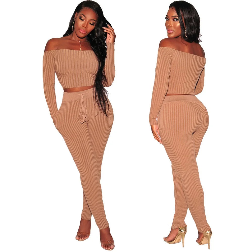 Ensemble deux pièces pour femmes, haut court tube Sexy, pantalon tricoté, grande taille, vêtements collants