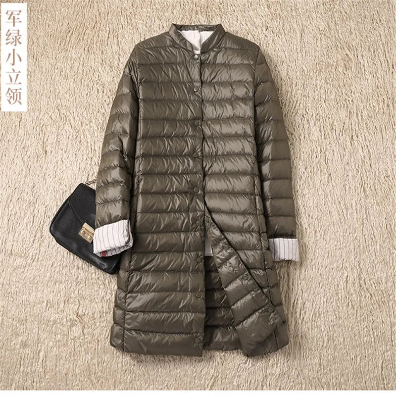 2022 Women Single-breasted Midi Long Coat Autumn Winter Ultra Light Down Coat Parka Female White Duck Down Jacket Outwears SE593