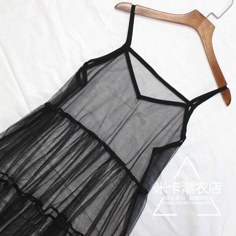 Women Summer Mesh Dress Ladies Casual Sexy Elegant Beach Lace Patchwork Loose Transparent Spaghetti Strap Black White Dress 442