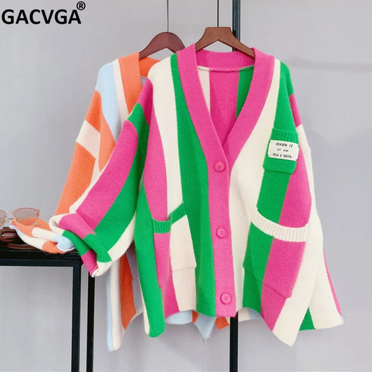 GACVGA-cárdigan de punto a rayas para mujer, Tops de manga larga, suéter informal holgado, ropa de calle a la moda y2k 2023