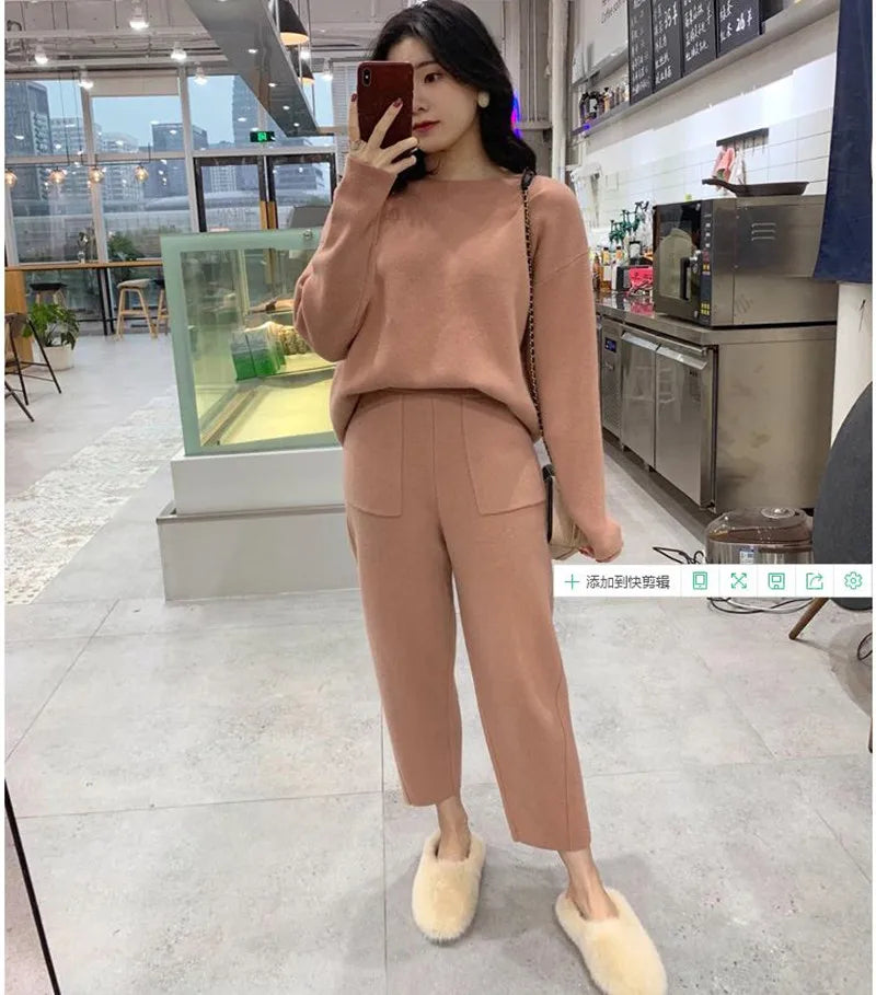 High Quality Women Cashmere Sweater Two Piece Knitted Sets Slim Tracksuit 2023 Autumn Winter Fashion Sweatshirts Sporting Suit