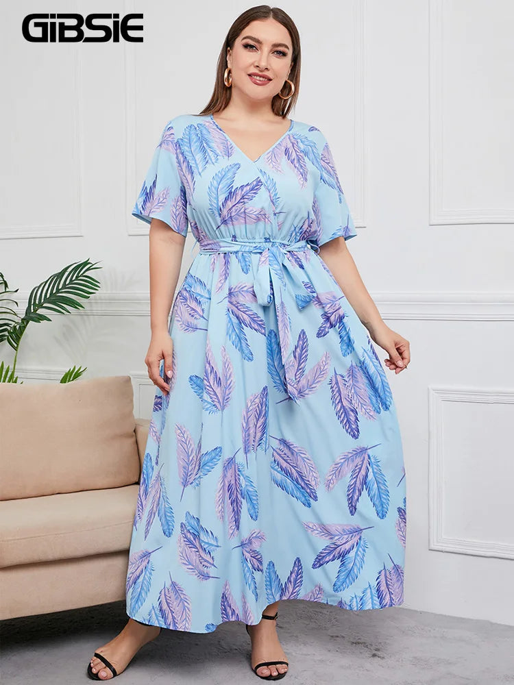 GIBSIE Plus Size V Neck Floral Print Boho Dress Women Summer Short Sleeve Maxi Dresses Holiday A-line Female Belted Dress