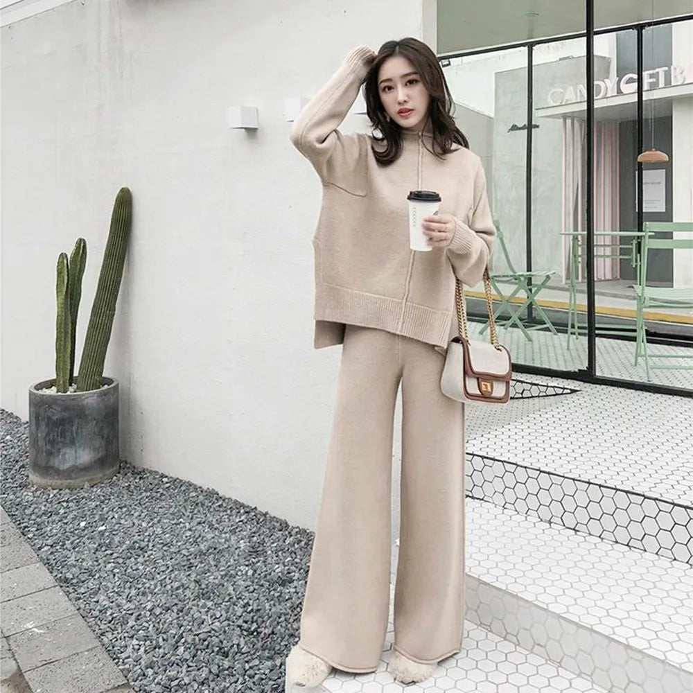 2023 Autumn Winter Thick Knitted Two Pieces Set Women Warm Half Turtleneck Pullover Sweater+Wide Leg Pants Warm Sweater Suit