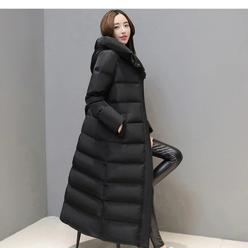 Women's super long down jacket winter puffer Thick coat Black Red Hooded zipper Keep warm