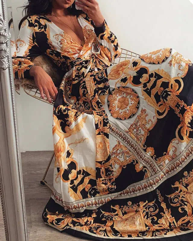 2019 femmes Floral Boho Wrap été col en V décontracté bal fête Vintage Boho Maxi robe vacances à manches longues soirée S-XL