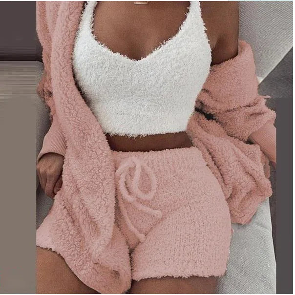 2023 Fluffy Trois Pièces Ensemble Salon Sexy 3 Pièces Ensemble Femmes Pull tricot Ensemble Débardeur Pantalons Et Haut Décontracté Homewear Tenues Costume de Maison