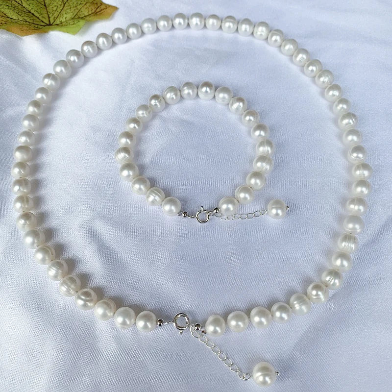 100% S925 conjuntos de joyas de perlas de plata, collares de pulsera de perlas naturales de agua dulce para mujer, regalo de aniversario de boda a la moda